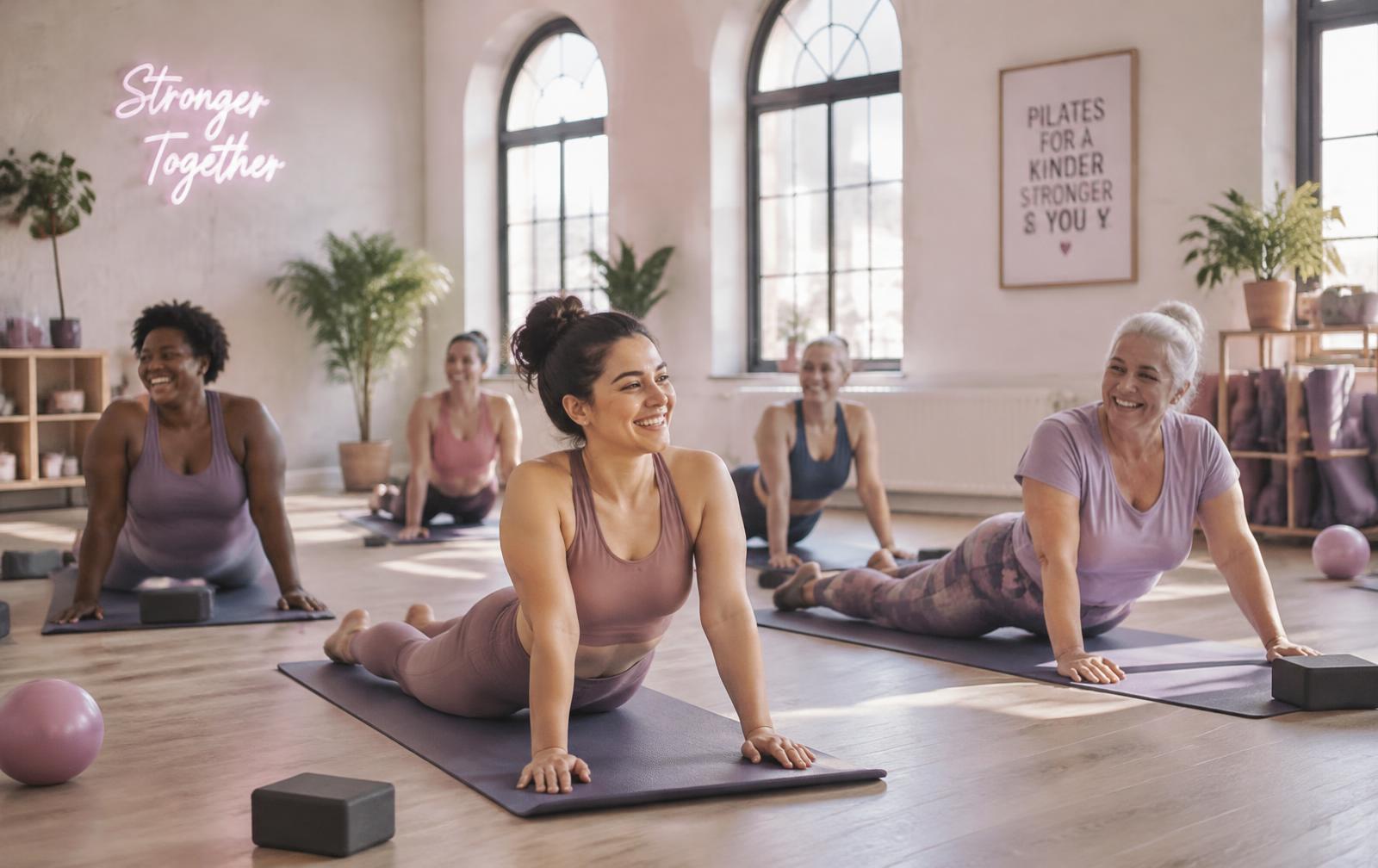 Women of different ages enjoying a joyful group Pilates class